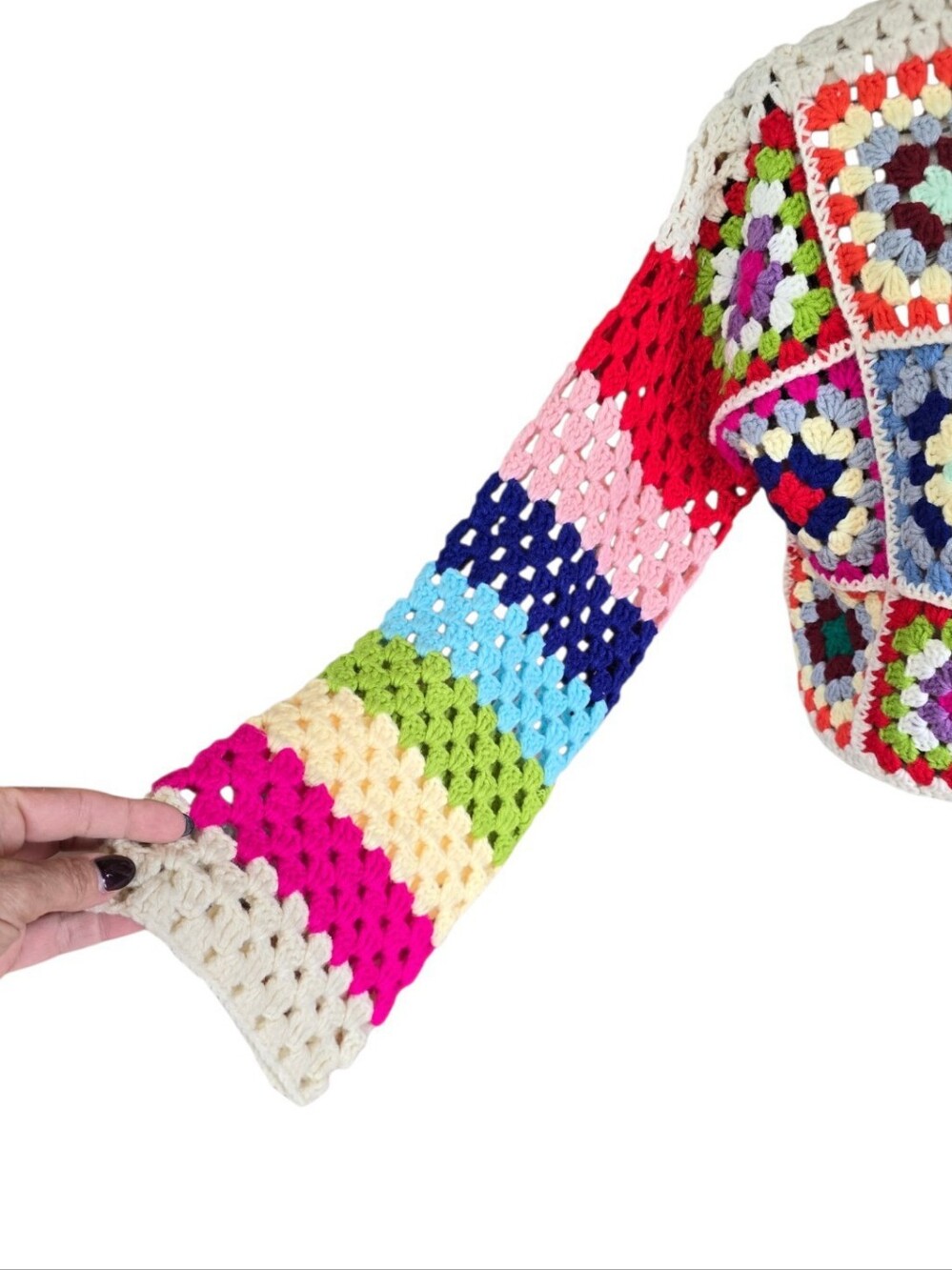 Revel Crochet Granny Square Cream Multicolor Cropped Cardigan Sweater S - Picture 4 of 7